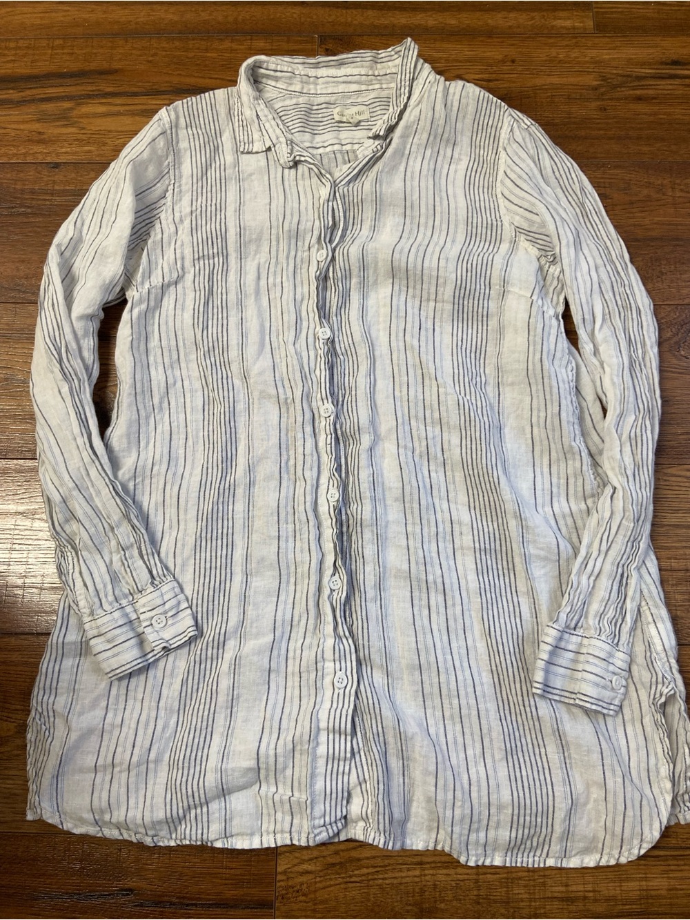 Garnet Hill Easy Linen Tunic Top Blue White Vertical Stripes Button Up Small